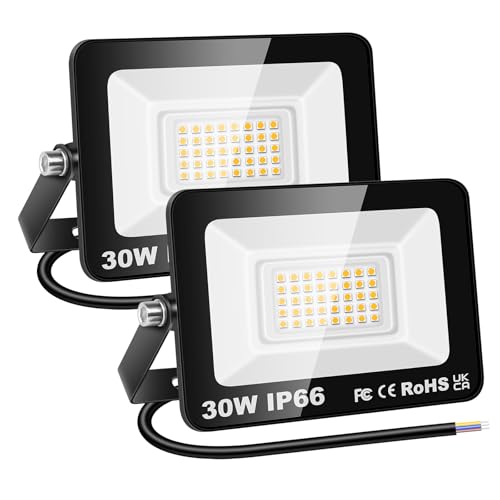 RIGIDON 2 Pcs Outdoor Flood LED Work Light, 30W 3000 Lumens Floodlight, Daylight Warm White Security Lights for Garden Yard Lawn Basketball Football Court Patio Landscape, IP66 Waterproof 3000K