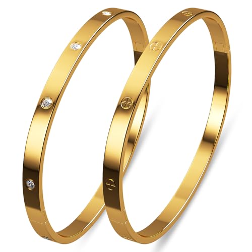 AICase 18 K Gold Plated Love Bangle Bracelet Dupes Sets(Gold/Rose Gold/Silver) Stack Wide Wristband Bangle Nail Friendship Bracelet Birthday Lovely Trendy Jewelry Gifts for Women MoM Besties