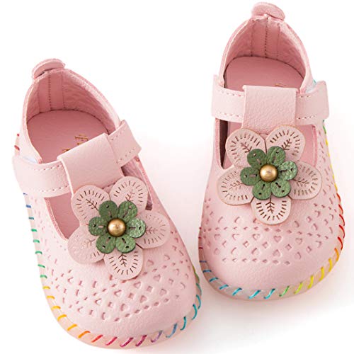 UniBaby7 Baby Girl Walking Shoes Infant Soft PU Leather Mary Jane Flat Shoes Toddler Moccasinss Rubber Sole Crib Shoes(D-Pink,4 Toddler)