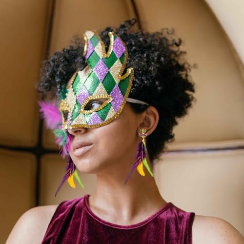 Mardi Gras Earrings, Colorful Mask Feather Dangle Earrings for Women Girls Jewelry, Carnival Drop Earrings Holiday Party Accessories4