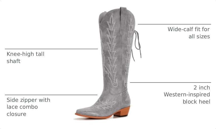 Image of Uillnoodu Wide Calf Cowboy Boots Women Knee High Tall Western Cowgirl Boots Adjustable Lace Up Plus Size Comfortable 2-Inch Heel