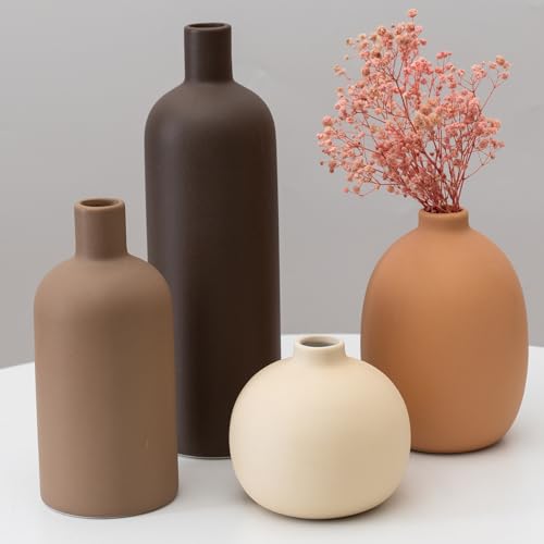 Ceramic Vase Set of 4, Modern Neutral Colors Home Decor, Rustic Farmhouse Decorative Flowers Vases for Bouquet, Pampas | Table Mantel Centerpiece Bookshelf Living Room Bedroom (Neutral Mix Set of 4)
