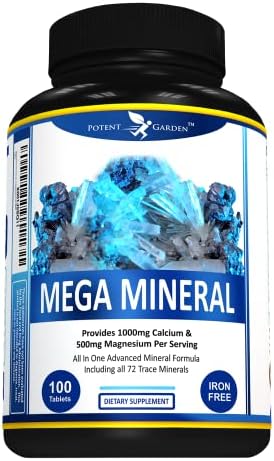 Potent Garden Mega Mineral Supplement Complete Mineral Complex with Calcium Magnesium Zinc Potassium Boron Selenium Chromium & 72 Trace Minerals Iron Free Calcium Supplement -100 Pills