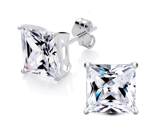 Image of 925 Sterling Silver Cubic Zirconia Cz Crystal 8mm Princess Cut Square Solitaire Stud Earrings Pair Mens Ladies Girls