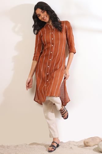 Image of Aurelia Women's Orange Yarn Dyed Cotton Blend Straight Kurta