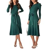 Chollius Damen Strickkleid Elegantes Midikleid Abendkleid Partyskleid Frau Alltagskleid Cocktailkleid Stretchkleid Lange Pufferarm Streickkleid Rundhalsausschnitt Kleid mit Schnürung