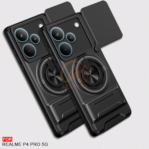 Image of Realme P4 Pro 5G Back Cover | Armor Camera Slider 360 Degree Rotating Finger Ring Holder Case with Bracket Stand Back Case Cover (Compatible with MagSafe Accessories) (Black)