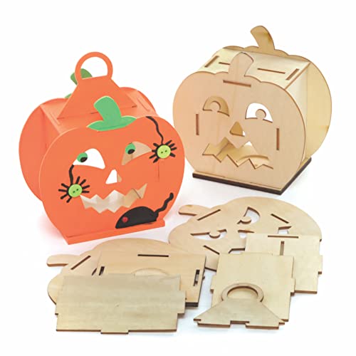 Baker Ross FE778 Kits de Linterna de Madera Calabaza - Paquete de 3, Juego de Manualidades de Madera para Niños, Actividades Creativas de Halloween para que los Niños Coloreen, Decoren y Exhiban
