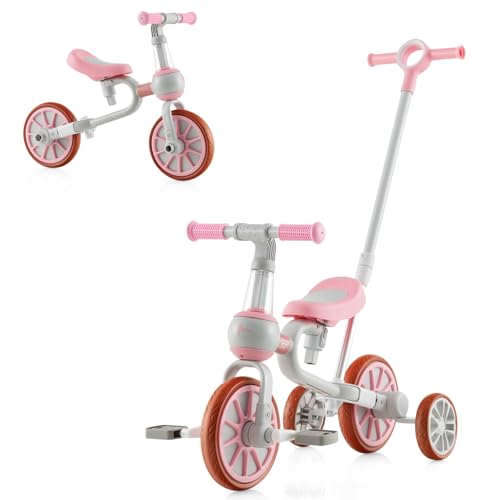 *Ruote di Alta Qualità* Dotato di 4 ruote in EVA, questo triciclo per bambini offre un eccellente assorbimento degli urti e proprietà antiscivolo che garantiscono un'esperienza di guida tranquilla e divertente, indipendentemente dal tipo di superficie: legno, cemento, asfalto o ciottoli.