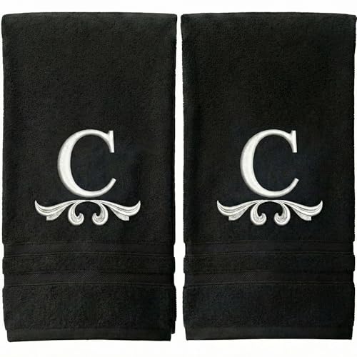 Monogrammed Hand Towels , Personalized Gift, 16 x 29 Inches - Set of 2- Gold Embroidered Towel - Extra Absorbent 100% Cotton- Soft Cotton - For Bathroom/ Kitchen/ Spa- Initial C (Black-White)