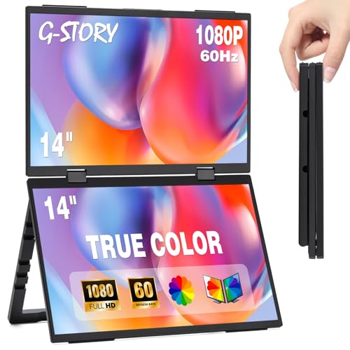 Image of G-STORY Portable Dual Screen foldable Laptop Monitor Extender, 14 inch1080P Dual Display with 330 Rotation, Mirror /Extend /Split /Link /Vertical Mod,USB-C&HDMI Plug-and-Play Portable Monitor for Windows /Mac