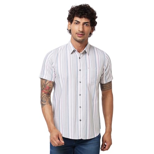 Image of Spykar Men's Regular Fit N /A Half Sleeve Striped Casual Shirts