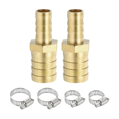 PATIKIL 1/2 to 3/4 Brass Hose Barb Reducer, 2Pcs Barbed Hose Fittings with 4 Stainless Steel Clamps Reducing Splicer Mender Union Adapter for Air Water Fuel