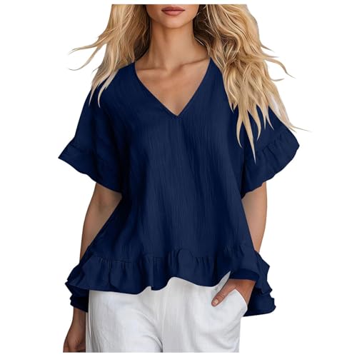 Blusa Casual para Mujer de Verano,2026 Top de Manga Corta con Volantes en Cuello y Bajo, Cuello en V Holgado, Tela Ligera y Transpirable, Estilo Chic para Diarias Vacaciones, Color Vibrante (Navy, XL)