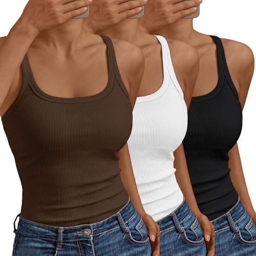 SUNBS Young Women‘s 3-Pack Ribbed Tank Tops, Striped Square Neck