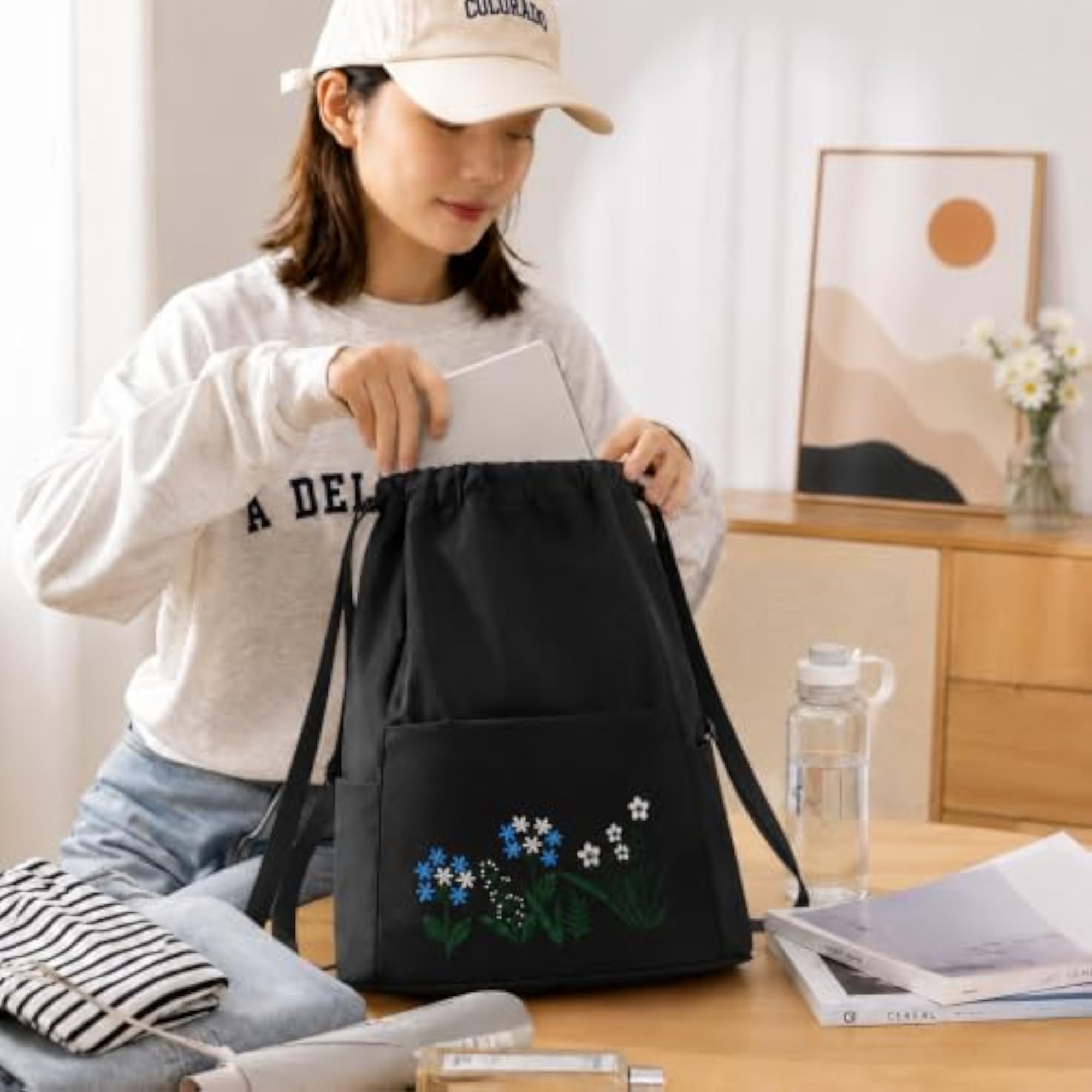 Women's Floral Embroidery Drawstring Backpack, Lightweight Travel Bag