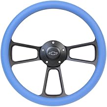 5-bolt Black Steering Wheel 14 Inch Aluminum with Sky Blue Vinyl Wrap and Chevy Horn Button