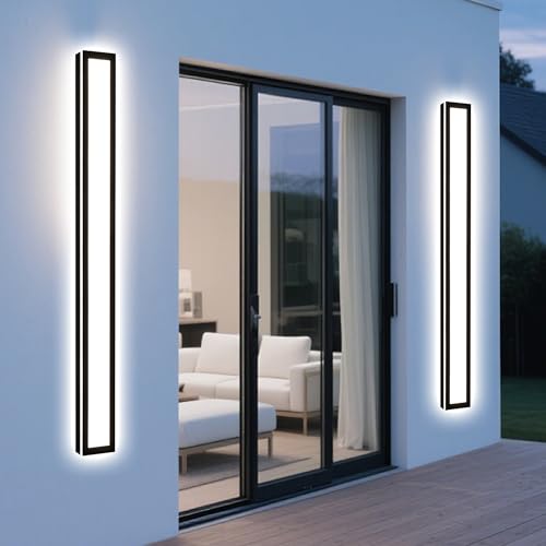 MELUCEE 2 Pack 48in Outdoor Long Wall Lights, 5 Color Dimmable Outside Linear Long Strip LED Wall Sconce, Black Exterior Wall Light Fixture for House Garage Porch Patio, IP65 Waterproof, 3000K-6000K by MELUCEE - Used condition - US$204.59