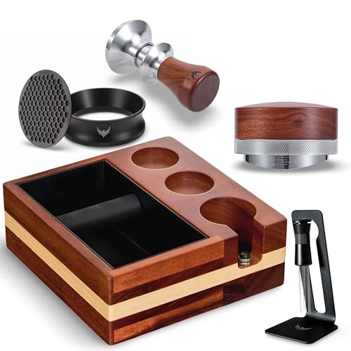 KNODOS 58mm Espresso Tamping Kit – Includes Calibrated Tamper, Distributor, Magnetic Dosing Funnel with Puck Screen, WDT Tool, Knock Box with Tamp Station