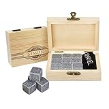 AMAVEL Whiskysteine in Edler Holzbox mit Banderole Gravur, Personalisiert mit Name und Jahr, 9 Geschmacksneutrale Kühlsteine für Whiskey