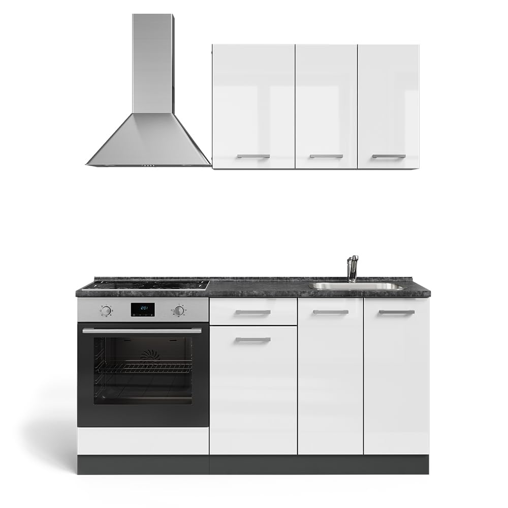 Vicco Singleküche R-Line, Weiß Hochglanz/Anthrazit, 160 cm | mit Herdumbauschrank und Spüle mit AP, zur Integration von Elektrogeräten und Spüle vorbereitet