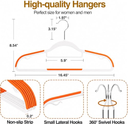 Image of Anti Slip Clothes Hangers - Space Saving Dry & Wet Hangers with Non-Slip Pads - Heavy Duty Coat, Suit, Underwear, Pants, Shirts (Orange, Pack of 10)