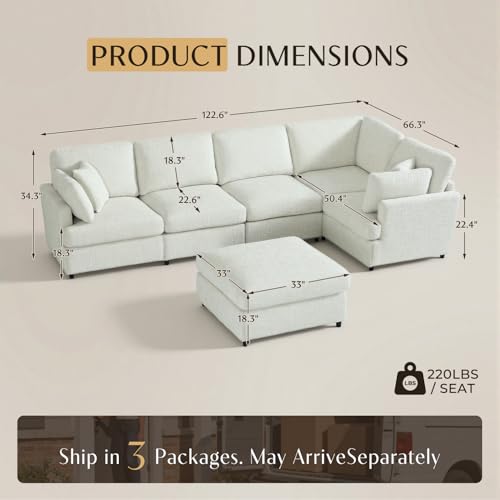 Image of 122.6 inch Chenille Modular Sectional 6 Seater Sofa, Deep Seat Couch with Ottoman & Removable Covers, Free Combination Modern Couch, L /U Shaped Modular Sectional Sofa, for Living Room, Apartment, Beige