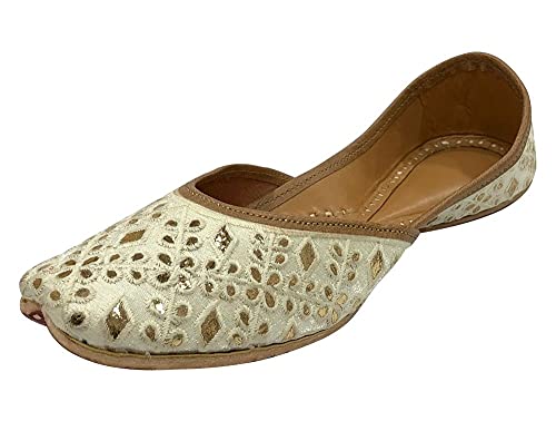 Image of Punjabi Jutti Flats for Women,Cream Bohemian Sandles Traditional Jooti,Handmade Indian Ethnic Beaded Shoes, Crean
