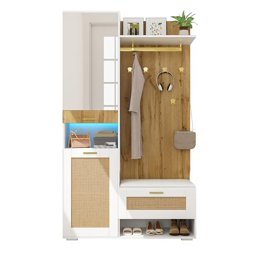 WEALTHOUSE Meuble combiné pour Hall avec Miroir,vestiaire avec Crochets métalliques intégrés,Banc Bas avec Espace Chaussures,Rangement Vertical Compact avec étagères et éclairage LED (Bois+Blanc)