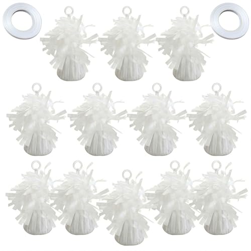 White Balloon Weights Pack of 12 with 5 Rolls White Crimped Ribbon Well Made Durable Balloon Anchors for Parties Birthdays Weddings and Professional Event Decorations