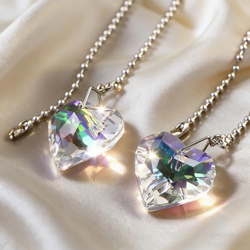 Image of 2Pcs Crystal Ceiling Fan Pull Chain Extender with Connector, 12 inch | K9 Crystal Glass, Not Acrylic, Heart Prism, Cut-To-Length Adjustable, Snap-On Connector For Fan, Light, Lamp (AB COLOR)