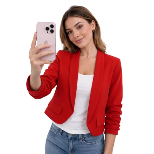 Image of Cropped Blazers for Women UK Casual Ruched Sleeve Suit Plain Open Jackets Clearance Work Office Womens Coats Cardigan Suit Formal Jacket Top Solid Color Collar Italian Blazer Coats (Red , UK 6-12)