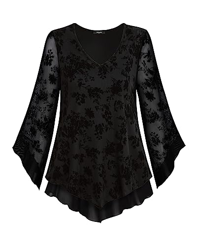 Lotusmile Womens Dressy Blouse Double Layers Mesh Shirt Ruffle 3/4 Flared Sleeve Tunic Tops3