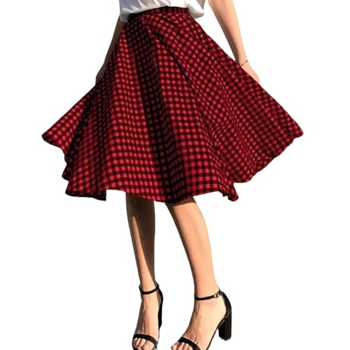 chouyatou Women's Casual Plaid A Line Midi Skirt High Waisted Gingham Skirt Cute Pleated Skater Skirt