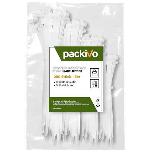 200 Stück Kabelbinder Weiss Set -100/150/200/300 mm - jeweils 50 Stück Sortiment Nylon Verschiedene Größen Haltbar Kabelbinder für Kabelmanagement Gartenarbeit Wohnen Werkstätten Auto