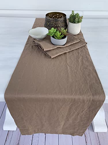Eight Owls Linen Table Runner – 2 Inch Hem - Mitered Corners - Stonewashed 100% Pure Linen Cloth, French Flax, Rustic Luxe (Cocoa 15" X 72") #TOP2