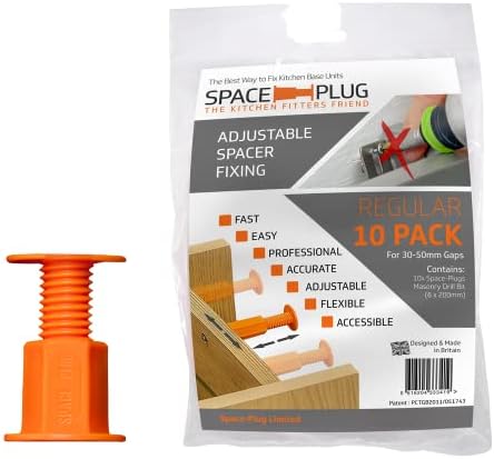 Space-Plug Adjustable Spacer Fixings (Regular size for 30-50mm gaps), 10 Pack of Original Orange Spacers, Professional & DIY use for kitchen, bedroom, bathroom & furniture installations