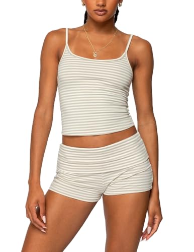 Faymlc Women 2 Piece Striped Pajama Set Y2k Sleeveless Cami Tank Top and Fold Over Shorts Lounge Set Sleepwear (Yellow, S)