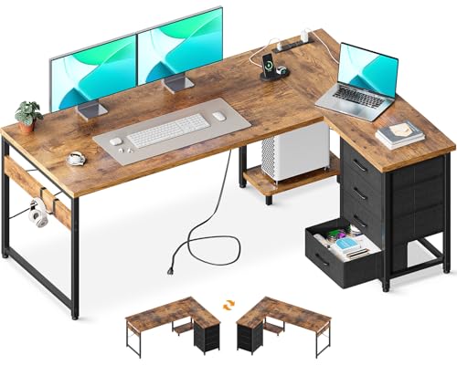 Image of AODK L Shaped Gaming Desk with 4 Drawers, 61 inch Reversible Home Office Desks with Power Outlets, L Shaped Computer Desk with USB Charging Port and Host Stand, Corner Desk, Easy to Assemble, Vintage