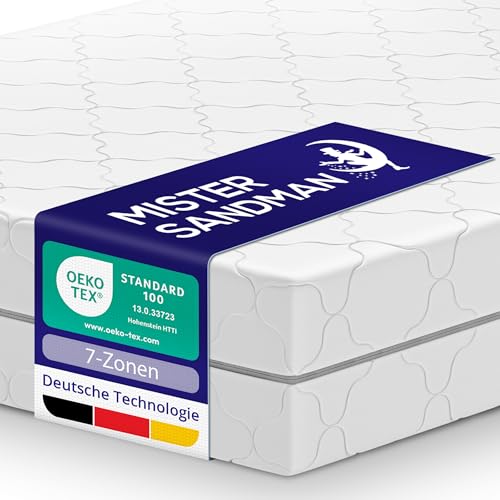 Mister Sandman Matratze 80 x 200 cm – 7-Zonen-Taschenfederkernmatratze mit Härtegrad 2 und 3 (H2 & H3) – Orthopädische Federkernmatratze – Waschbarer Bezug – Höhe 21 cm