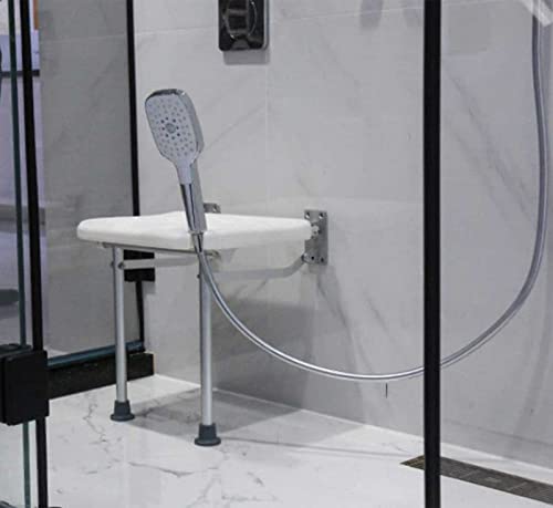Silla de ducha para ancianos, taburete de baño plegable antideslizante, banco de ducha plegable montado en la pared con marco de patas de apoyo para mayor seguridad y estabilidad