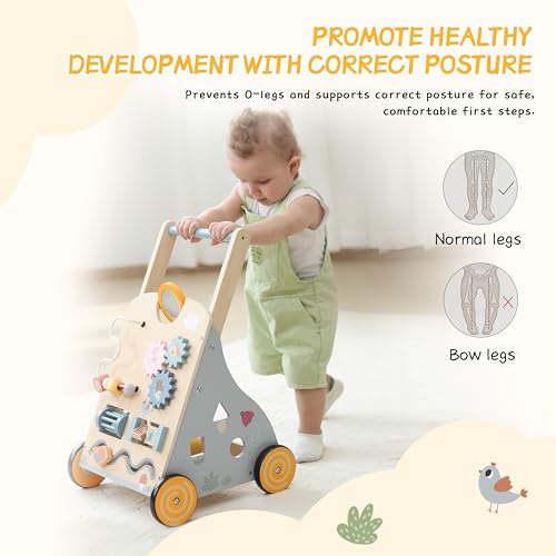 Wooden Baby Walker and Push Toy - Adjustable Height, Montessori Learning Activity Center for Boys and Girls, Toddler Push Walker and Development Toy for Kids 1-3 Years - Thumbnail 4