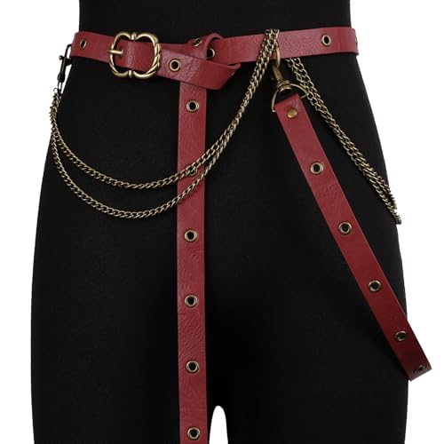 Image of HiiFeuer Medieval Faux Leather Chain Belt, Adjustable DIY Red Thin Belt | Red B,adjustable chain waist belt, Unisex, Ren Faire, Cosplay, Medieval Thin Belt, LARP