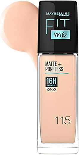 Maybelline New York Liquid Foundation Medium Coverage Lotion, Matte Finish, With Spf, Absorbs Oil, Fit Me Matte + Poreless For Oily Skin, 115 Ivory, 30Ml, Pack Of 1
