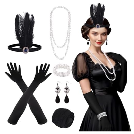 FEPITO 9 delar 1920-tals klaff Great Gatsby tillbehörsset mode rytande 20-tals temaset med pannband långa svarta handskar halsband örhängen för kvinnor (set C)