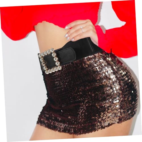 Ladies Elastic Pearl Waistband with Square Buckle Decorative Cummerbund Belt for Dresses and Outfits Black3