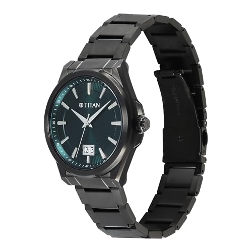 Image of Titan Classique Big Date Analog with Green Dial Dark Gun Stainless Steel Strap Watch for Men - 90219QM01