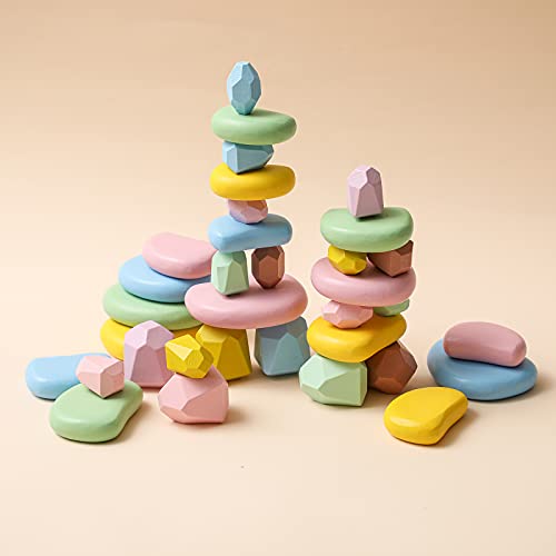 34PCs Wooden Sorting Stacking Toys Balancing Stones Rocks Wood Blocks Tower Educational Puzzle Games Preschool Learning Building Blocks Montessori Toys Set for Toddlers 3 Years Up