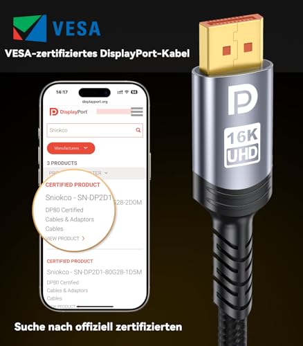 Sniokco 80Gbps DisplayPort Cable 2.1 1.5M, VESA Certified 16K DP Cable 16K@60Hz 8K@240Hz 4K@540Hz 360Hz 240Hz Compatible with HDR HDCP 2.3 DSC FreeSync G-Sync Monitor Graphics RTX 5090 4090 PC HDTV