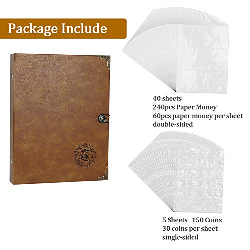 Lzttyee Leather Coins Storage Collecting Holder Album with 150 Pockets Coins and 240 Pockets Paper Money Large Capacity Coin Collection Book Meaningful Gift for Collectors